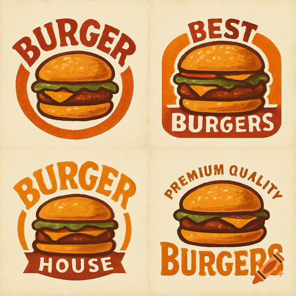 Four vintage-style burger logo designs with text.