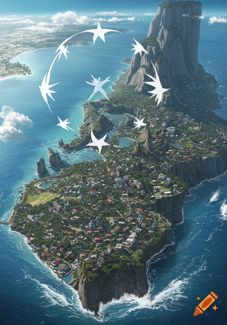 Aerial view of a dense city on a tropical island with cliffs and water, with abstract white shapes in the sky.