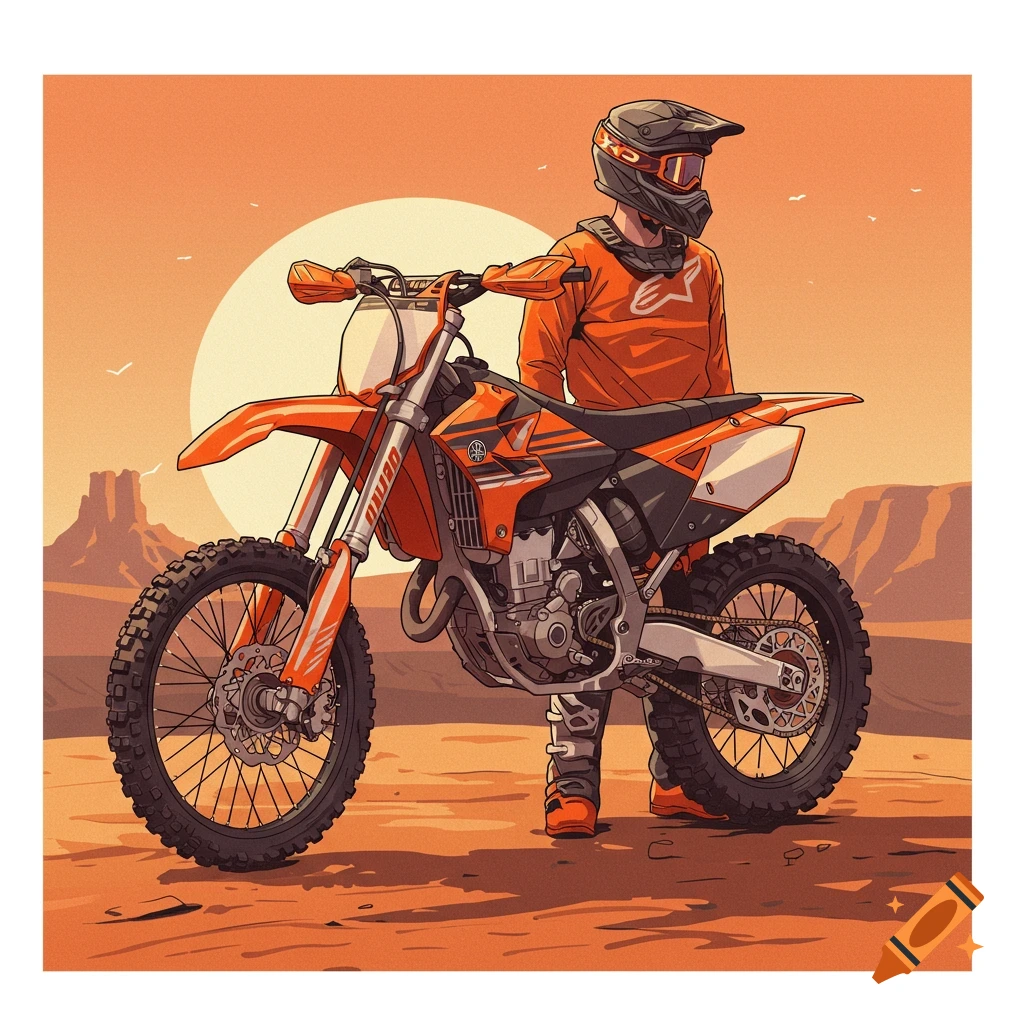 A person in motocross gear stands next to a dirt bike in a desert landscape with a large sun.