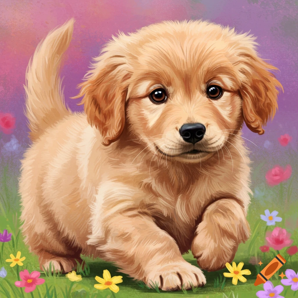 An illustration of a cute golden retriever puppy walking through a field of colorful flowers.