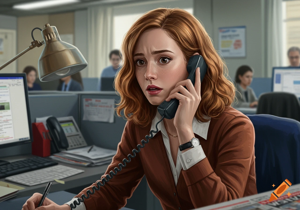 A woman on the phone looks concerned while sitting at a desk in a busy office.