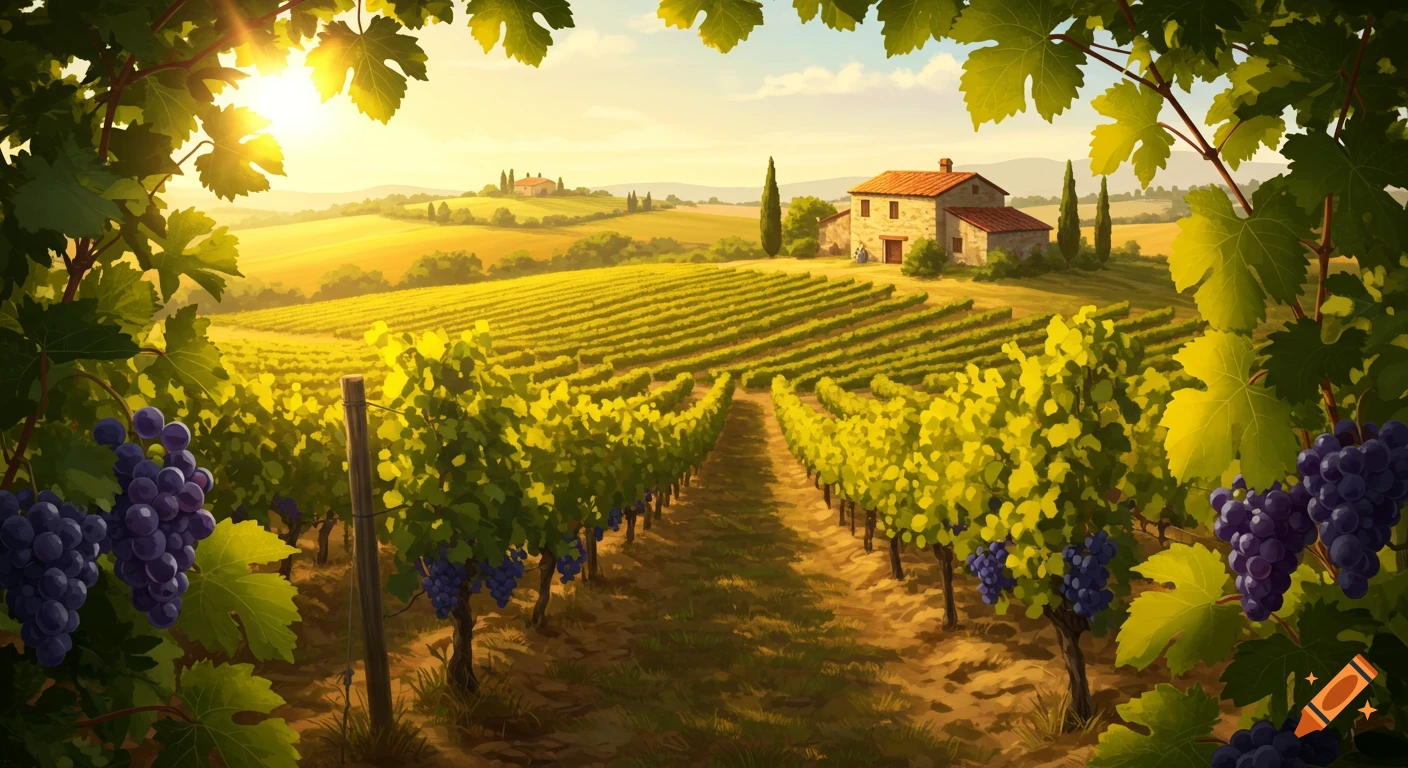 A lush vineyard landscape bathed in golden sunlight, with a farmhouse in the distance and grapes in the foreground.