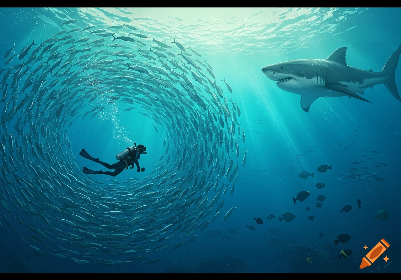 A diver swims inside a large school of fish in the ocean as a shark approaches.