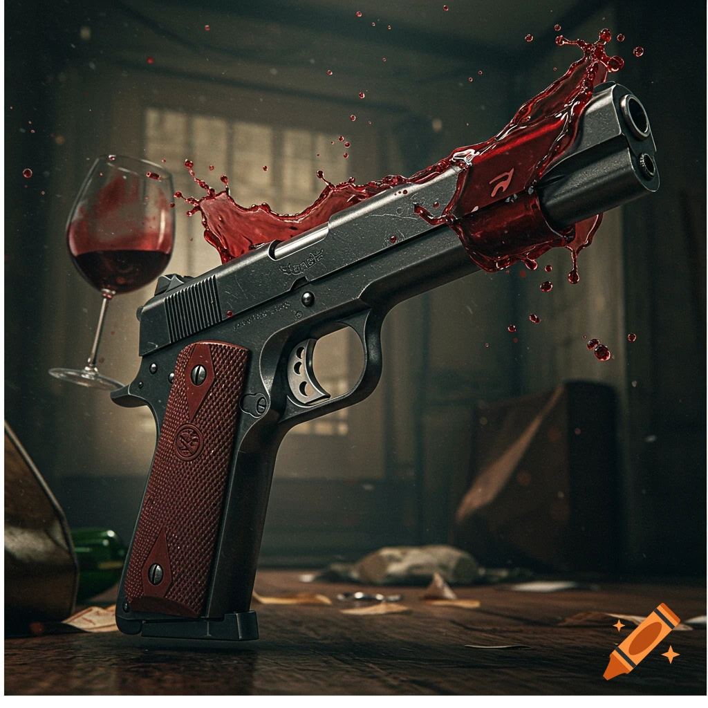 A handgun with red liquid splashing over it, a wine glass in the background on a table.