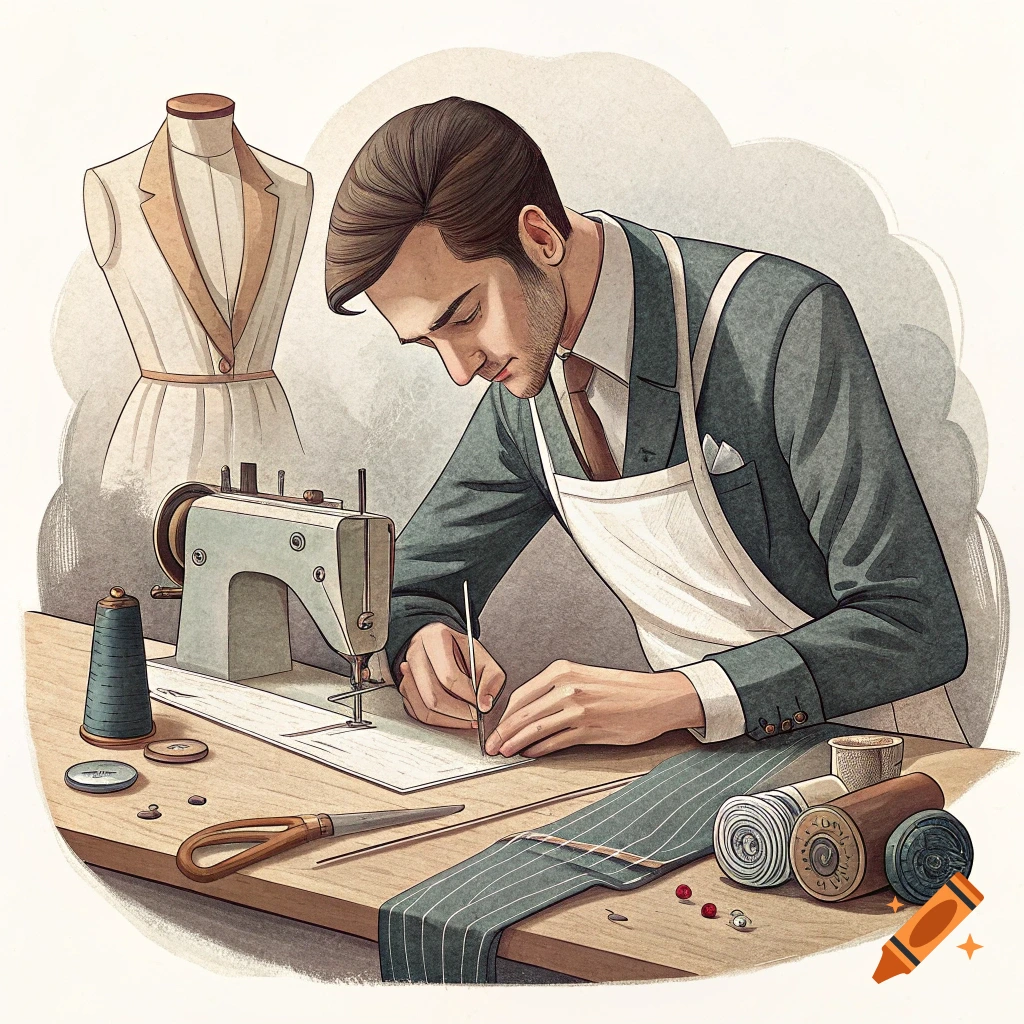 Illustration of a tailor working at a sewing machine with fabric and tools.