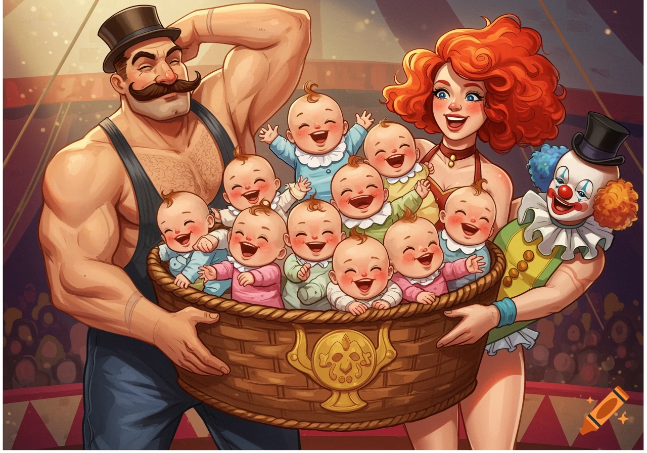 A strongman, ringmaster, and clown hold a basket filled with many smiling babies in a circus tent, cartoon illustration.
