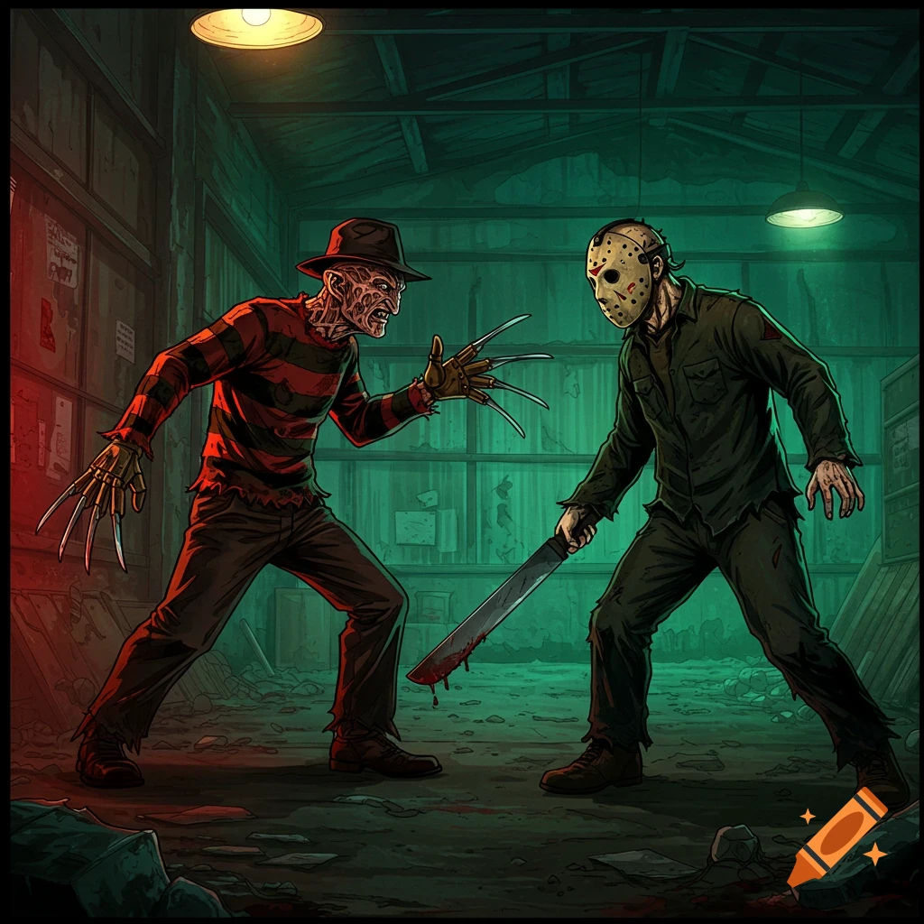 Illustration of Freddy Krueger and Jason Voorhees facing off in a dark building