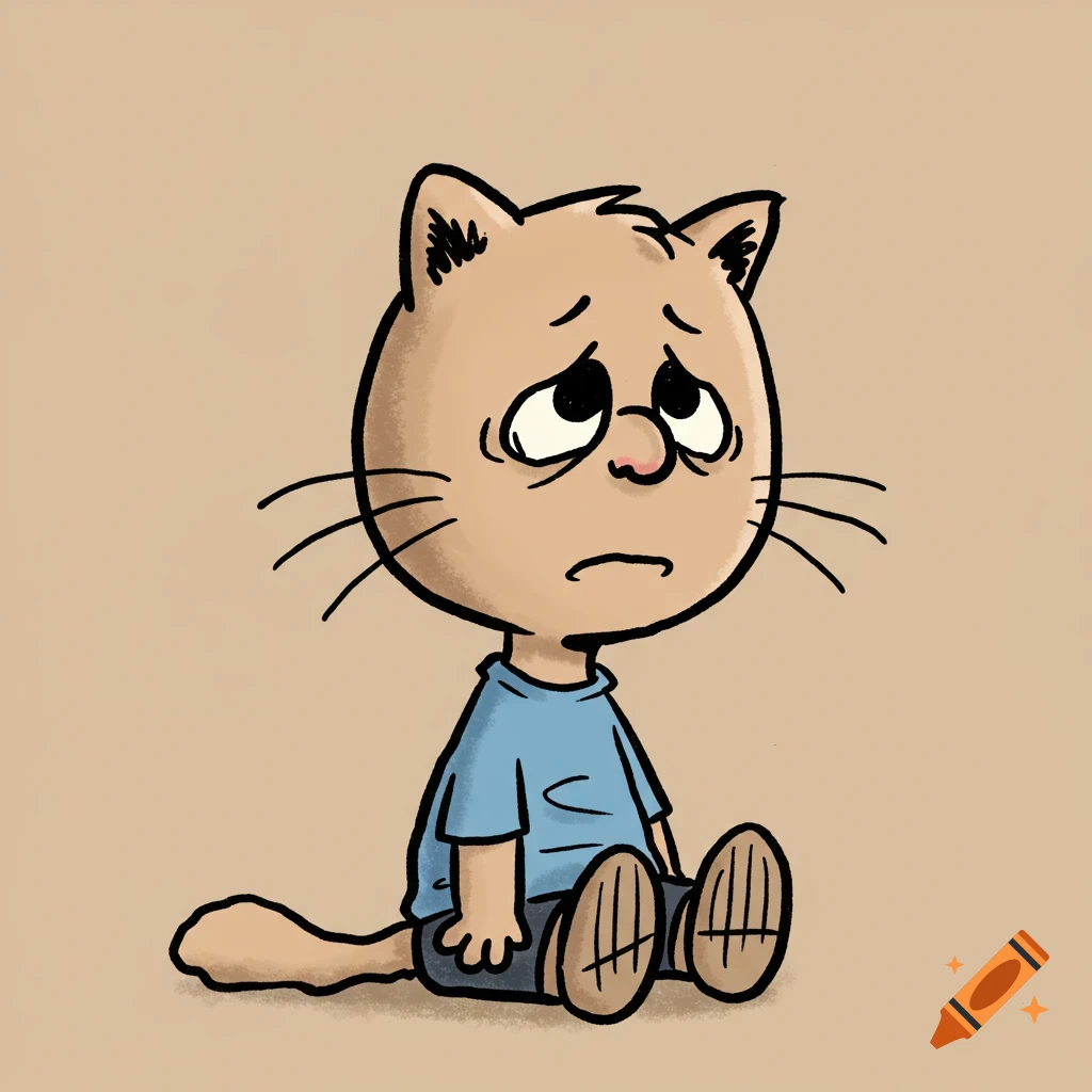 A sad cartoon cat sitting.