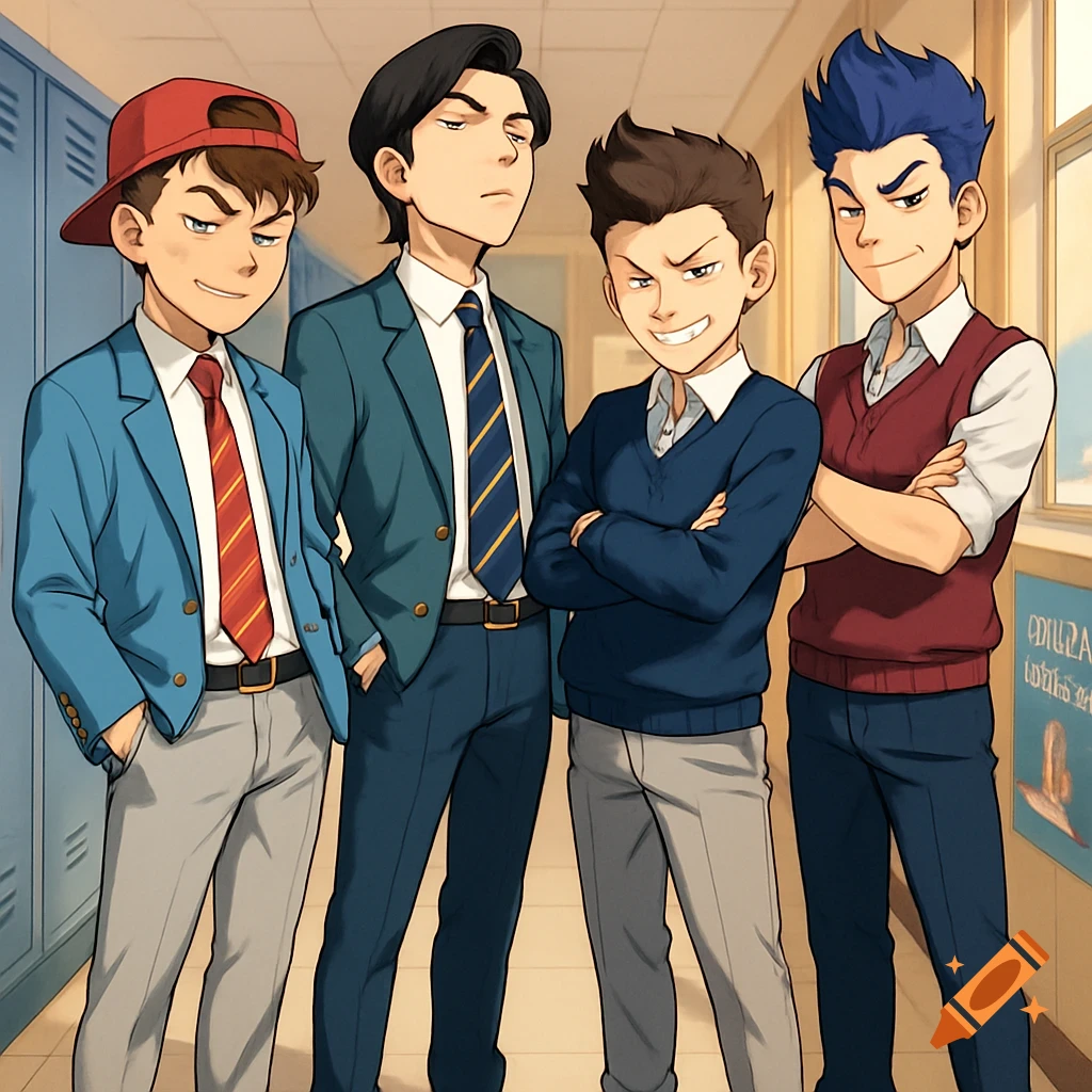 Anime illustration of four teenage boys in school uniforms standing in a hallway.