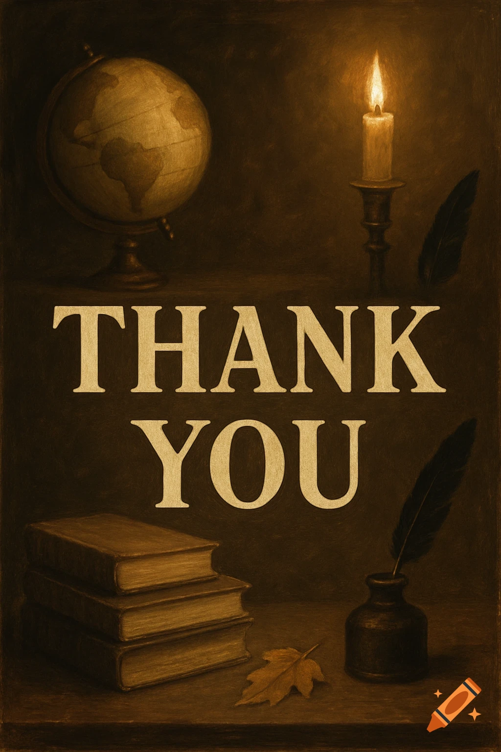Vintage still life painting with 'THANK YOU' text, a globe, books, candle, and quill.