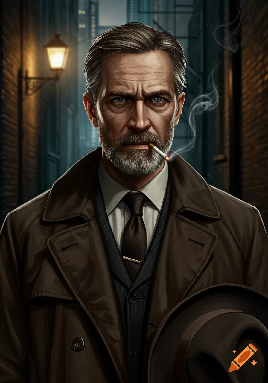 Portrait of a detective in a trench coat smoking in a dark alley, holding a hat.