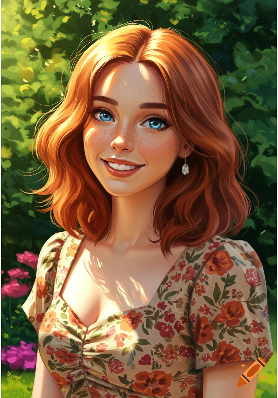Stylized portrait of a smiling young woman with red hair, freckles, and blue eyes in a floral dress in a sunlit garden.