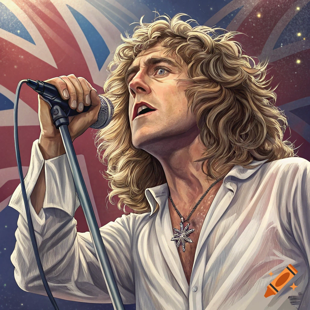 Portrait of Roger Daltrey singing into a microphone with a Union Jack flag behind him, illustration