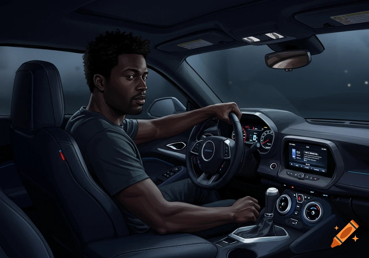 A dark-skinned man sits behind the wheel of a car at night, looking at the viewer.