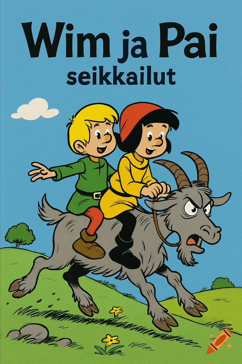 Cover of a children's book in cartoon style, showing two children riding an angry-looking goat.