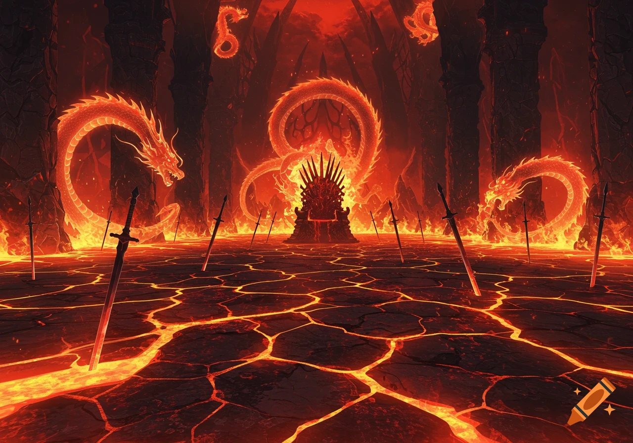 Anime fantasy hellscape with fire dragons, swords, and a throne