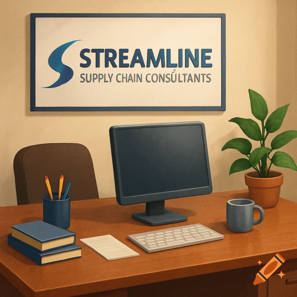 An illustrated office desk with a computer, books, plant, mug, and a sign for 'Streamline Supply Chain Consultants'.