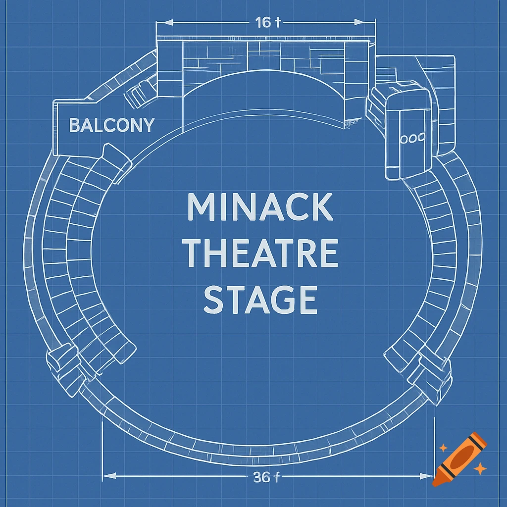 Blueprint drawing of a theatre stage with dimensions and labels.