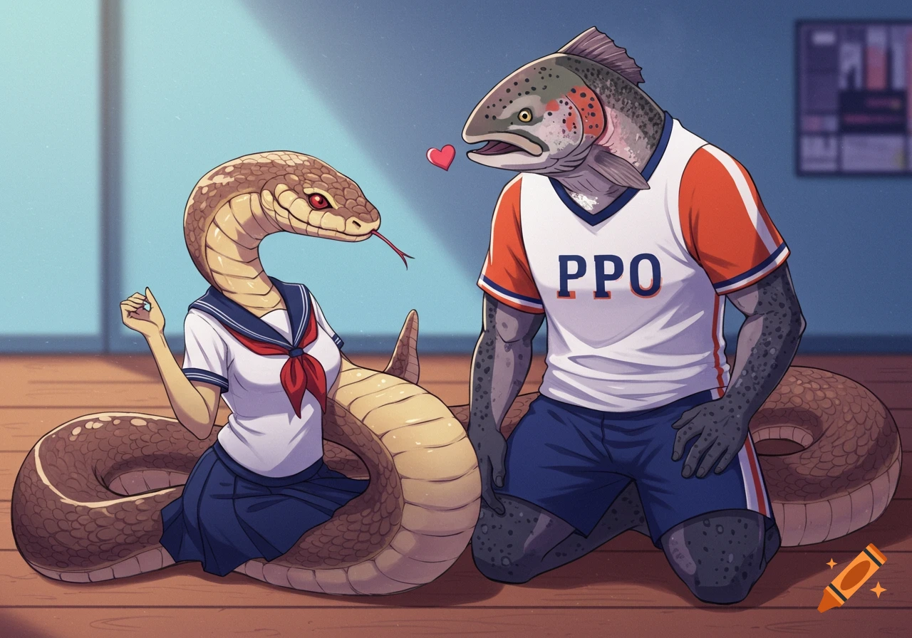An anthropomorphic snake in a school uniform and a fish in gym clothes look at each other.
