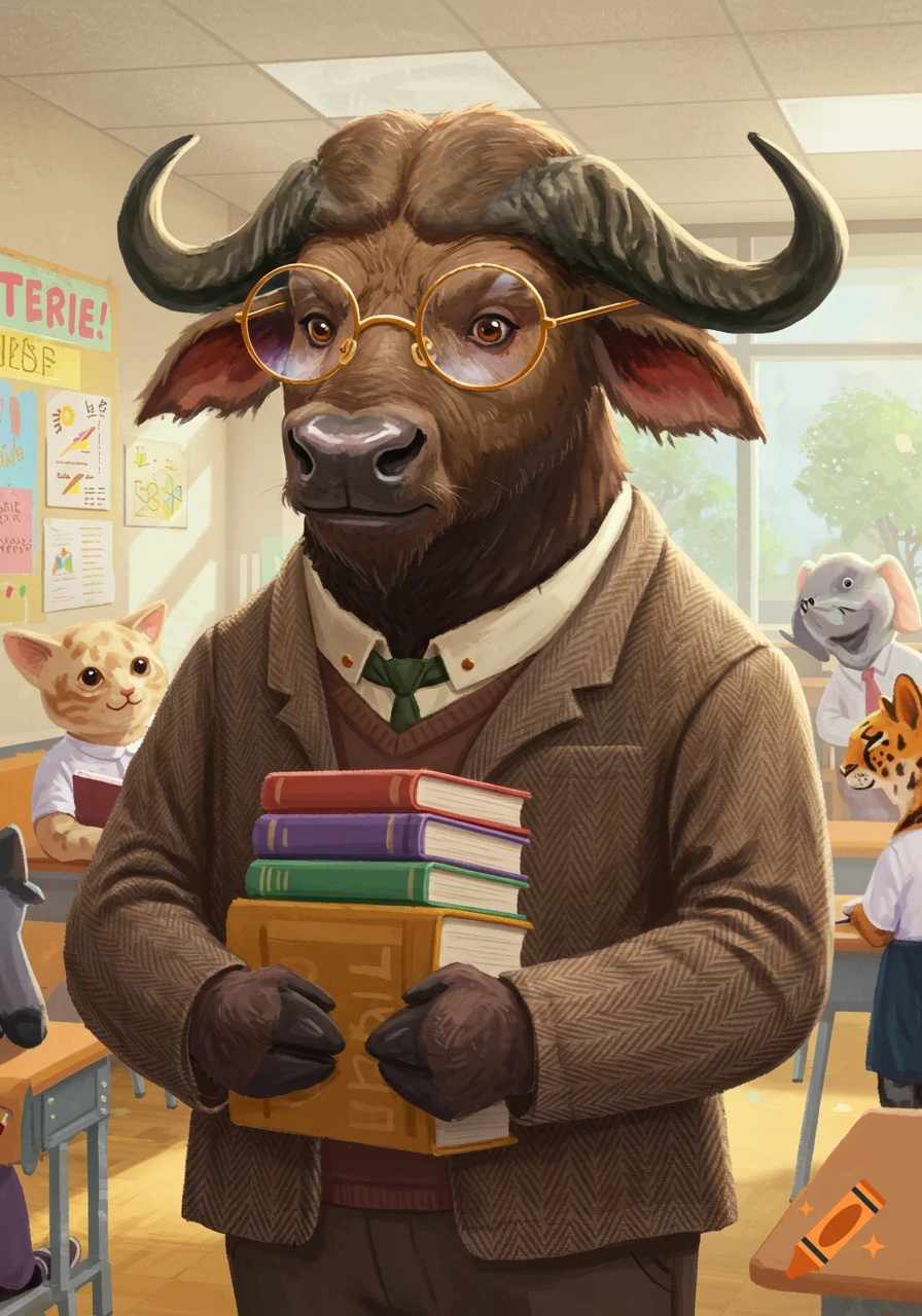 An anthropomorphic buffalo teacher wearing glasses and a suit holds a stack of books in a classroom with animal students.