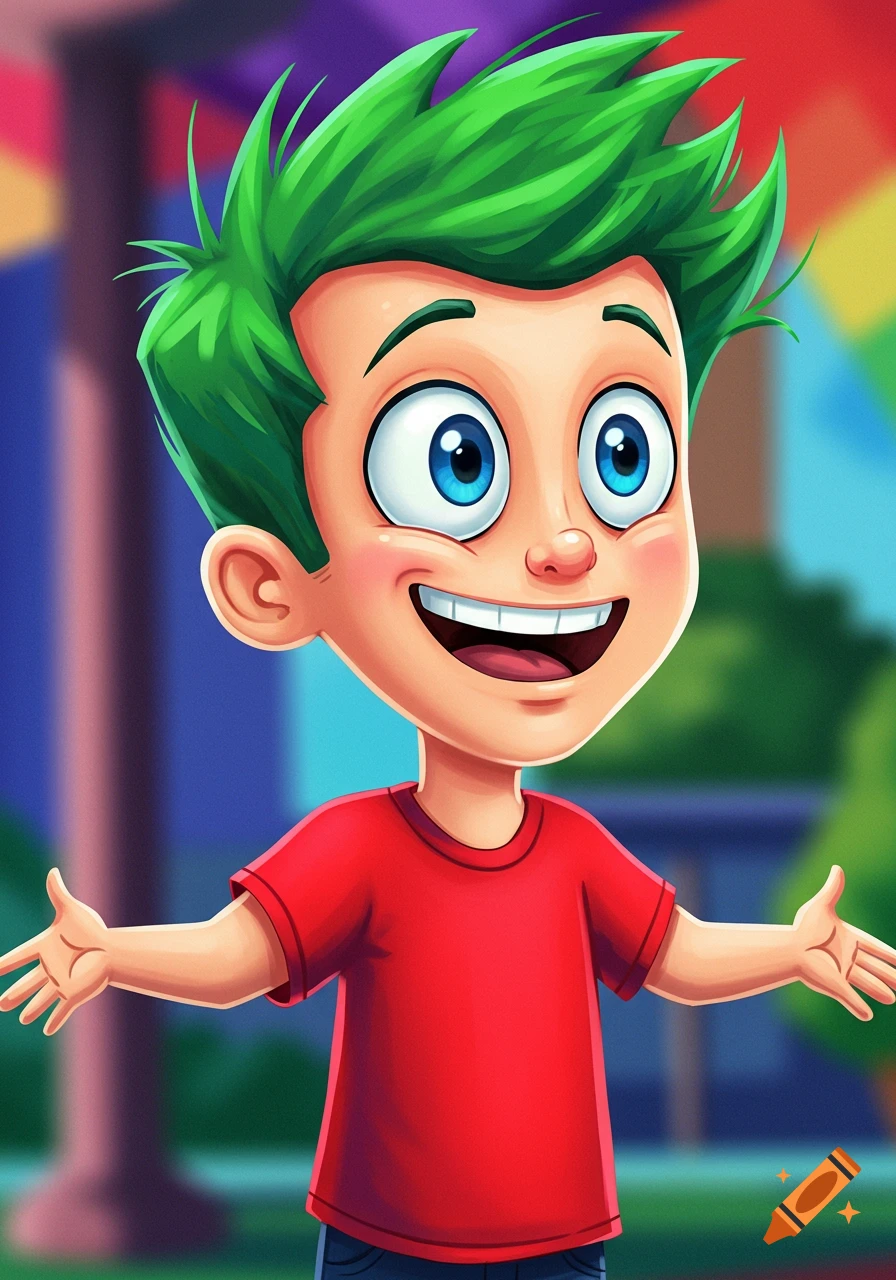 A cartoon illustration of a boy with green spiky hair and a red shirt smiling with arms open.