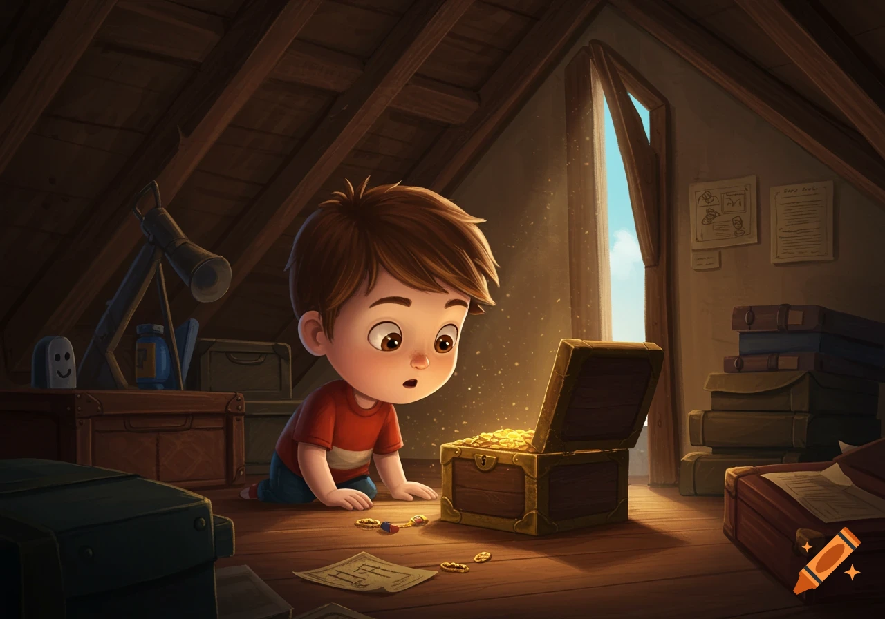 Cartoon illustration of a boy looking into a glowing treasure chest in a dusty attic.