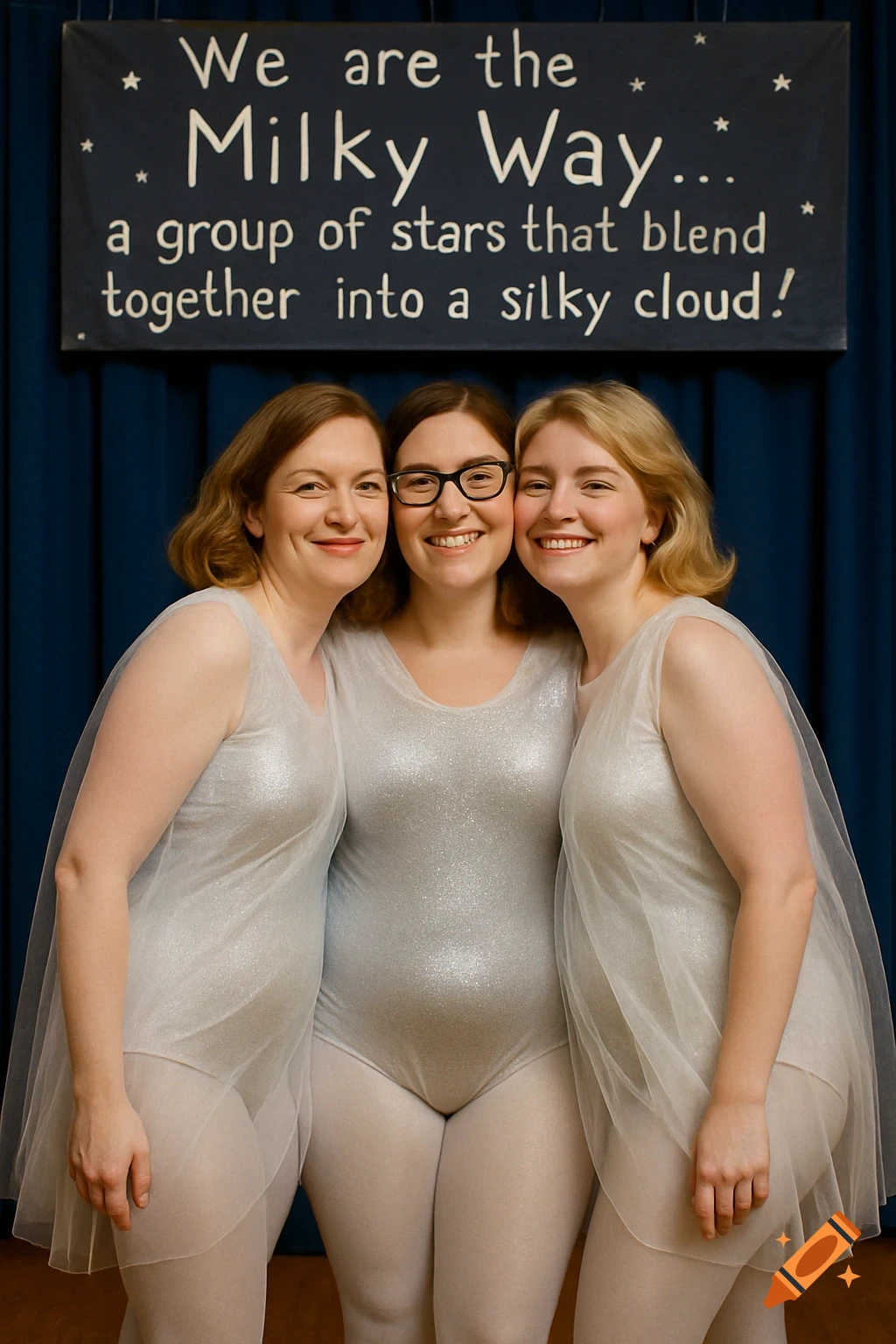 Three smiling women in silvery costumes pose together under a Milky Way sign at a school play.