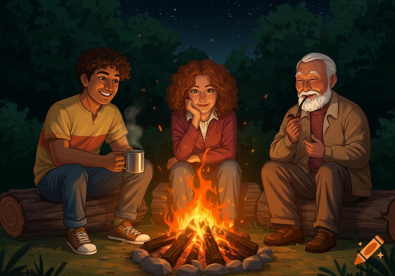 An illustration of three people sitting around a campfire at night.