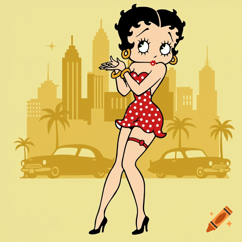 Betty Boop posing in a red polka dot dress in front of a golden city skyline
