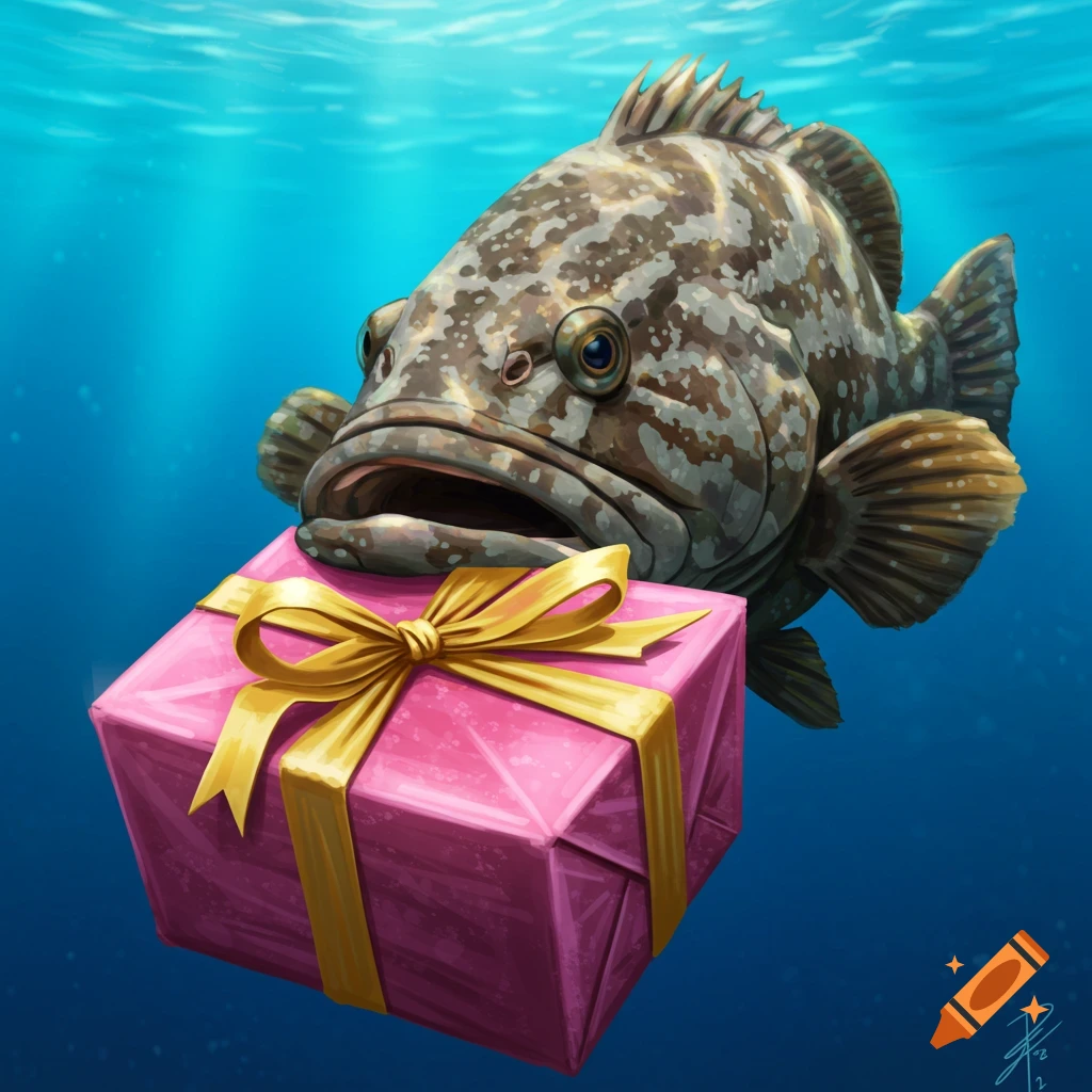 A grouper fish holds a pink gift box with a yellow ribbon in its mouth underwater.