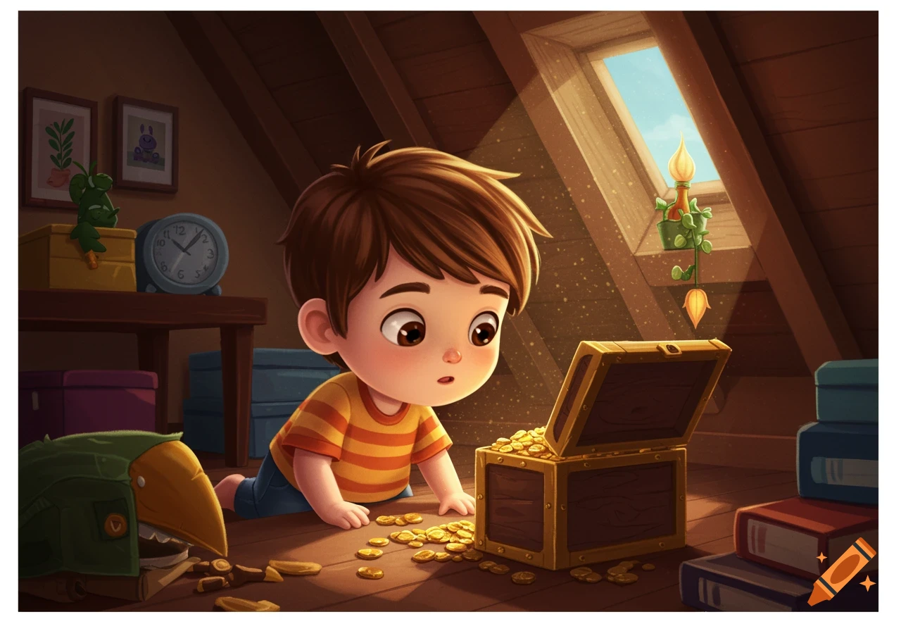 A cartoon boy looks into a glowing treasure chest filled with gold coins in a dusty attic.