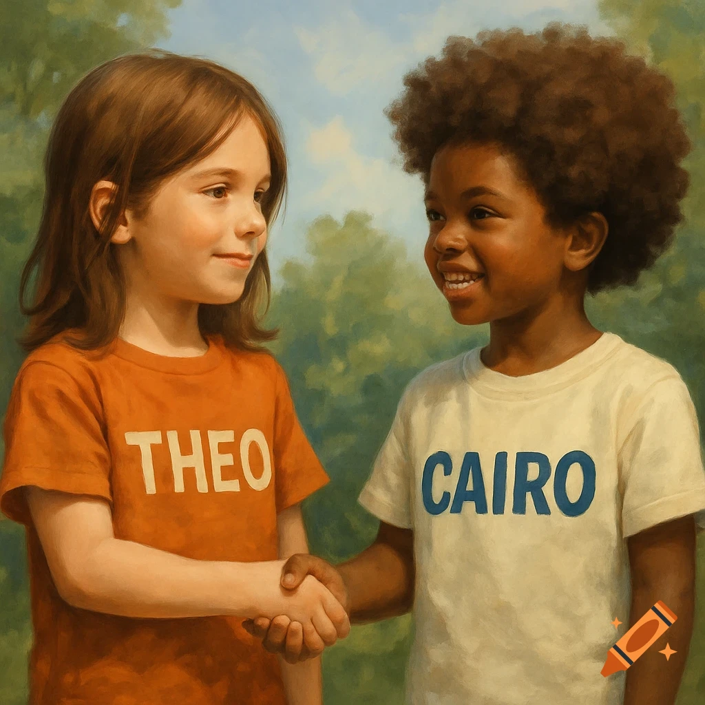 Two young boys shake hands, one wears an orange shirt saying "Theo", the other a white shirt saying "Cairo", painterly style.