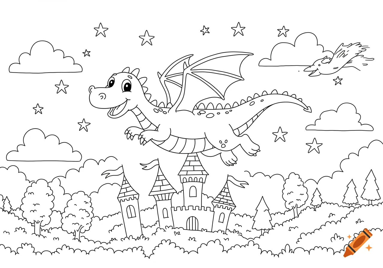 Black and white line art of a cartoon dragon flying over a castle