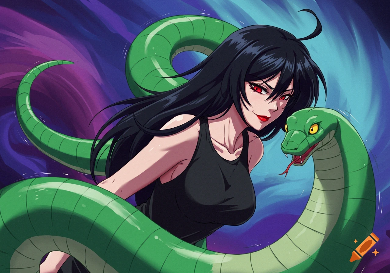 Anime woman with red eyes and long black hair next to a large green snake.