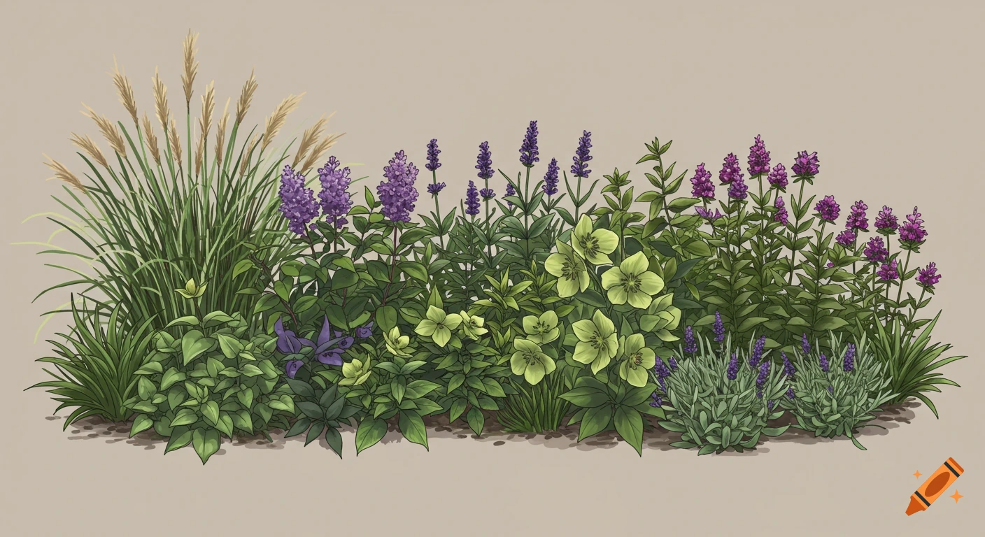 Illustration of a garden bed with various plants including tall grasses, purple flowers, light green flowers, and leafy bushes.