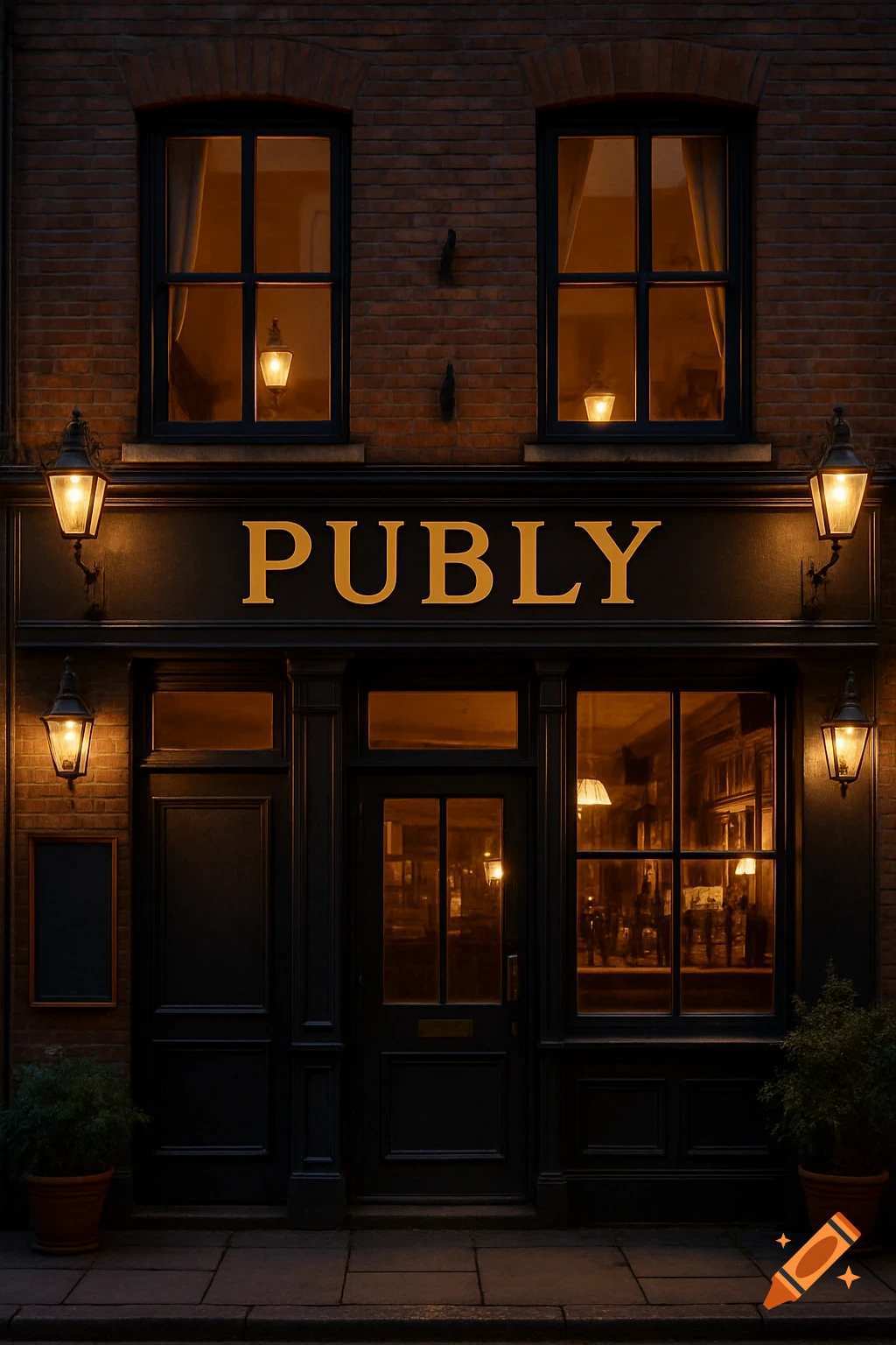 Facade of a building at night, with a sign reading PUBLY above the door and lit windows.