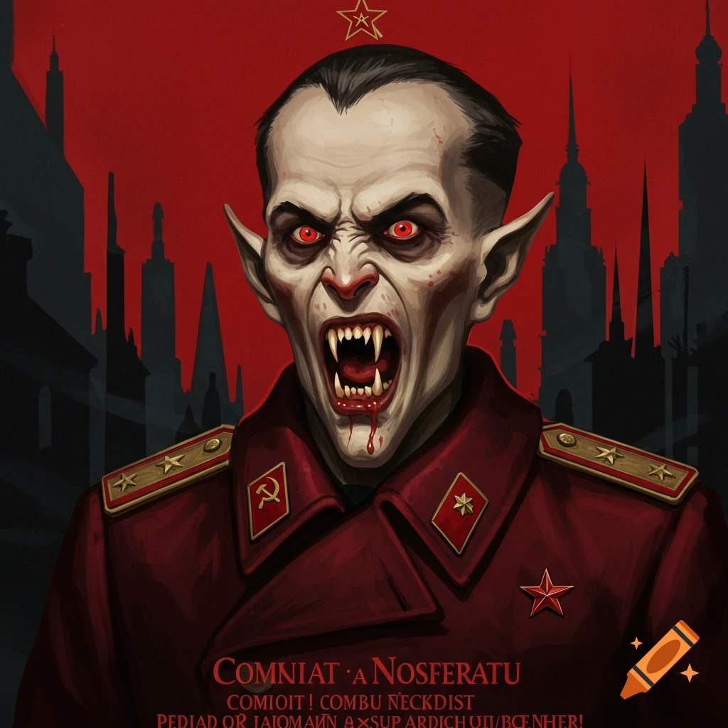 Vampire in Soviet uniform with red eyes and fangs against a red background and city skyline, propaganda poster art style.