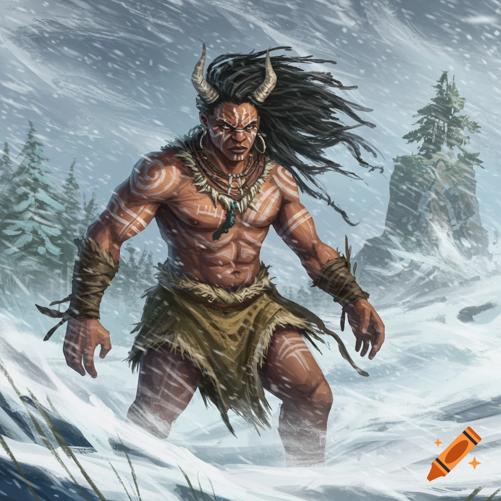 Tribal man with horns and markings in a blizzard, digital painting.