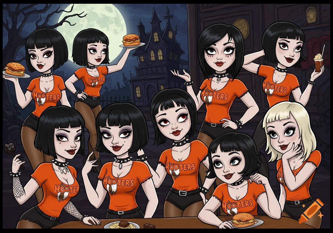 Cartoon image of a group of goth women in Hooters shirts holding burgers and drinks in front of a spooky house under a full moon.