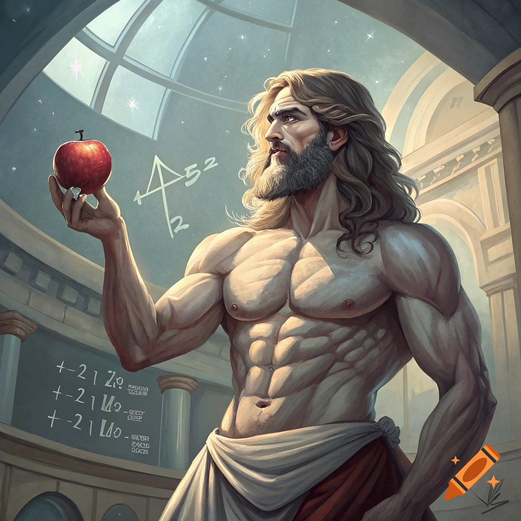 Muscular man in classical attire holding an apple in an academic setting with equations.