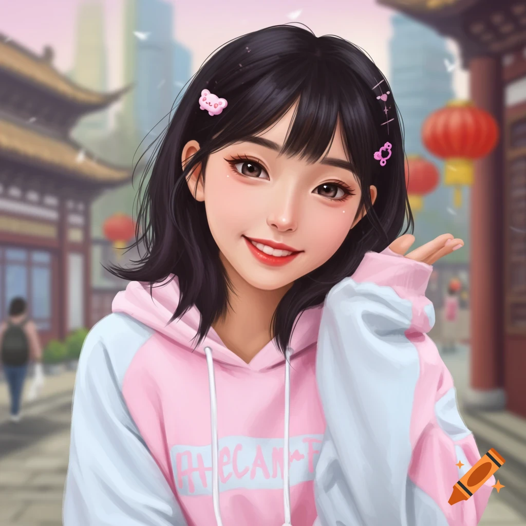 A smiling young woman with black hair wearing a pink and white hoodie poses in an outdoor market with Asian architecture. Illustrative/anime style.