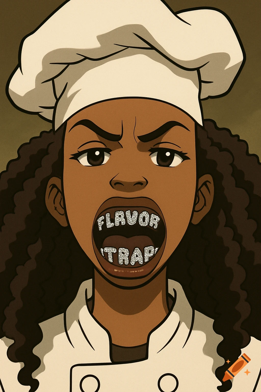 Boondocks style cartoon portrait of a chef with grills saying FLAVOR TRAP.
