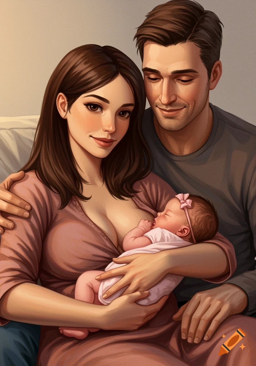 Illustration of a couple holding and breastfeeding their baby.