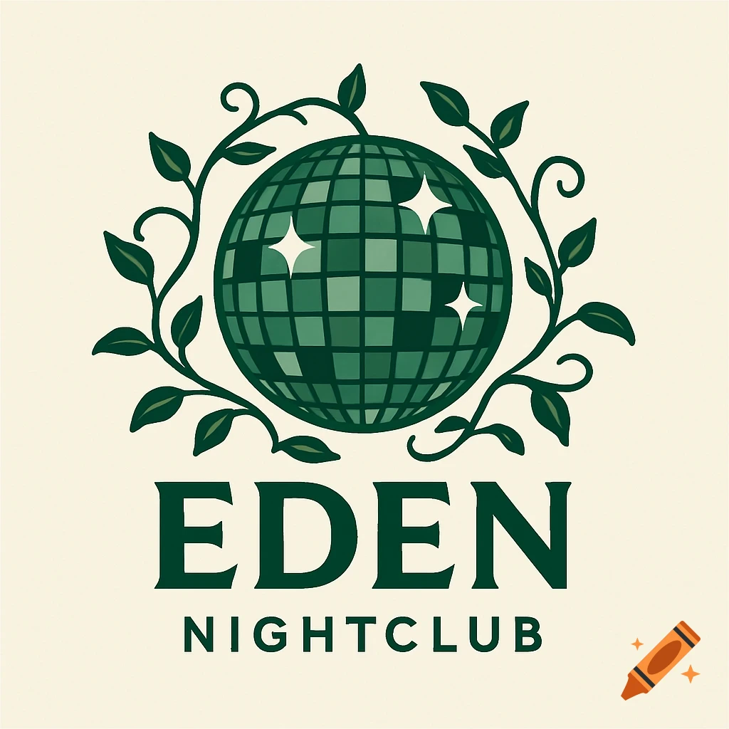 Logo with green disco ball, vines, and text 'EDEN NIGHTCLUB'
