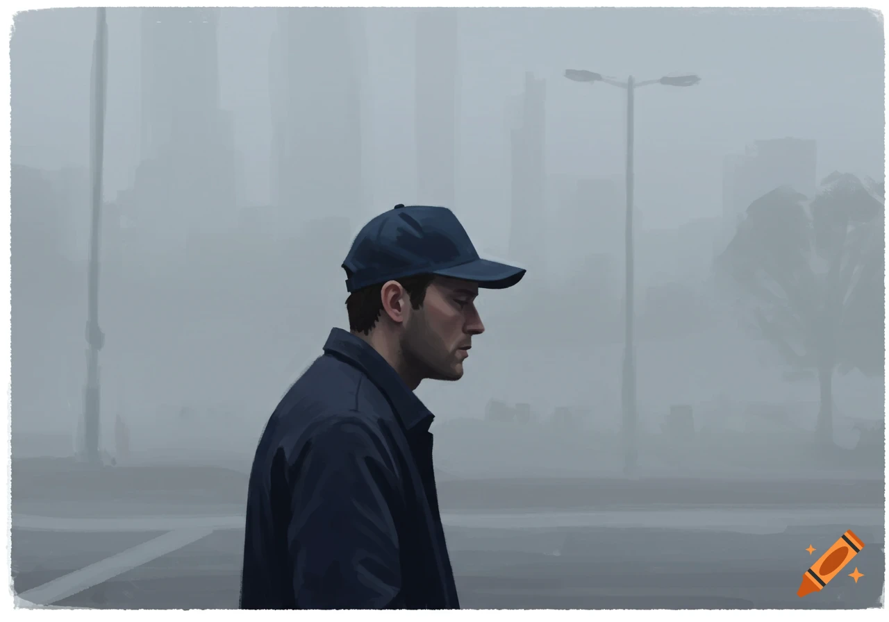 A man wearing a baseball cap walks in a foggy city. Painterly style.
