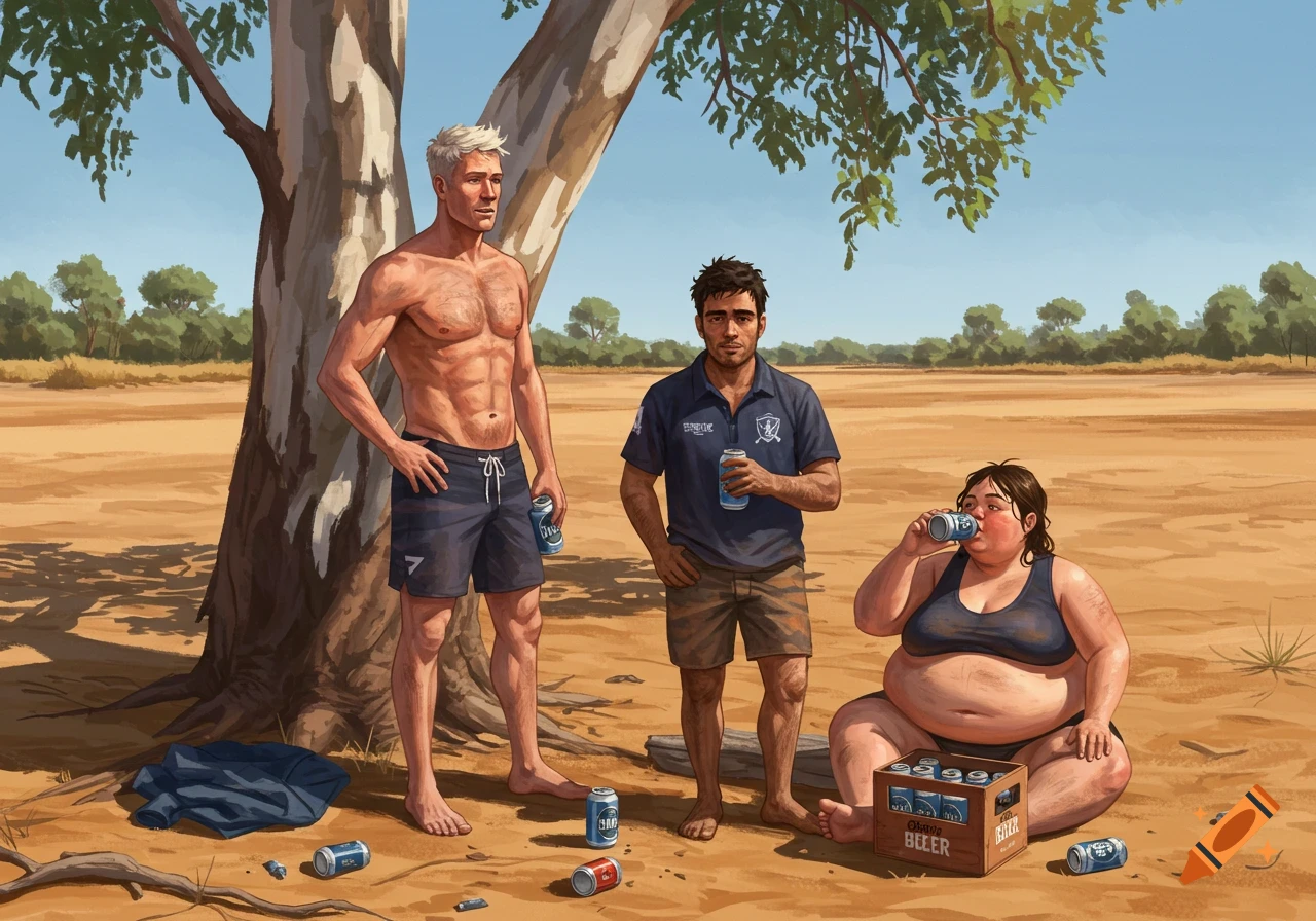 Digital art of three people drinking beer under a tree in a sandy landscape.