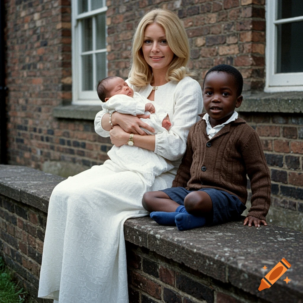 Woman holding a baby sits with a young boy outside a brick building, vintage photo style.