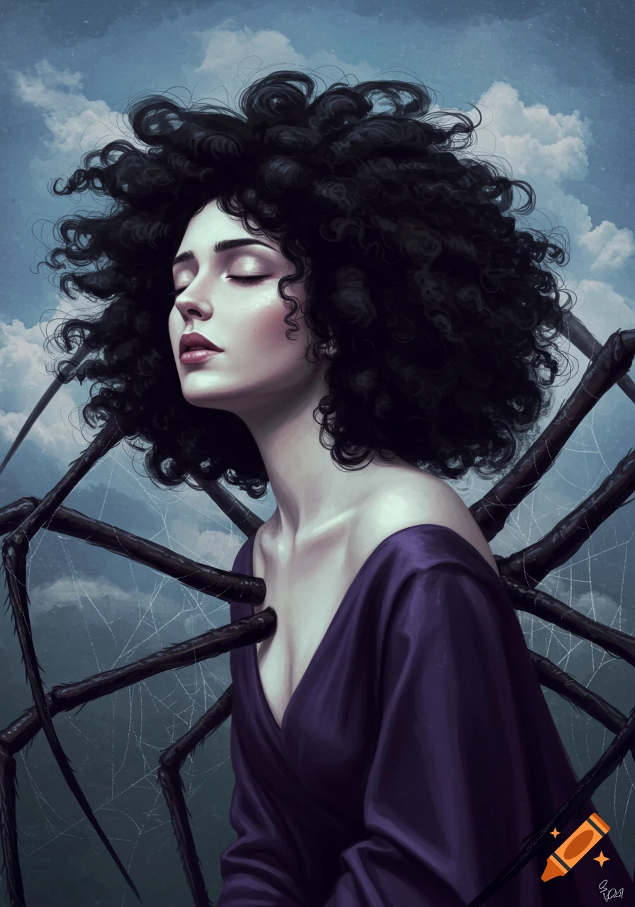 Surreal painting of a woman with spider legs emerging from her chest against a cloudy sky