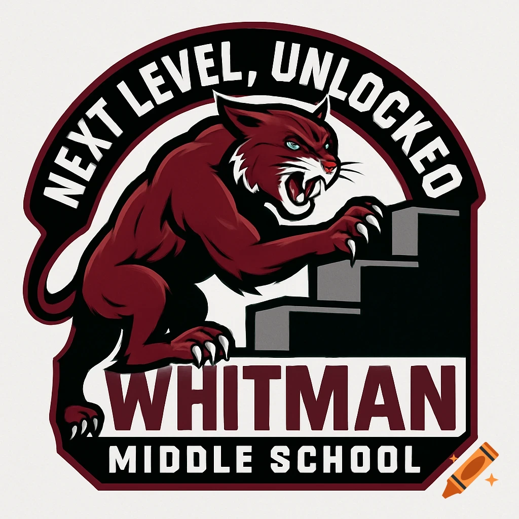 Logo of a fierce maroon wildcat climbing stairs, with text 'Next Level, Unlocked', 'Whitman', 'Middle School'