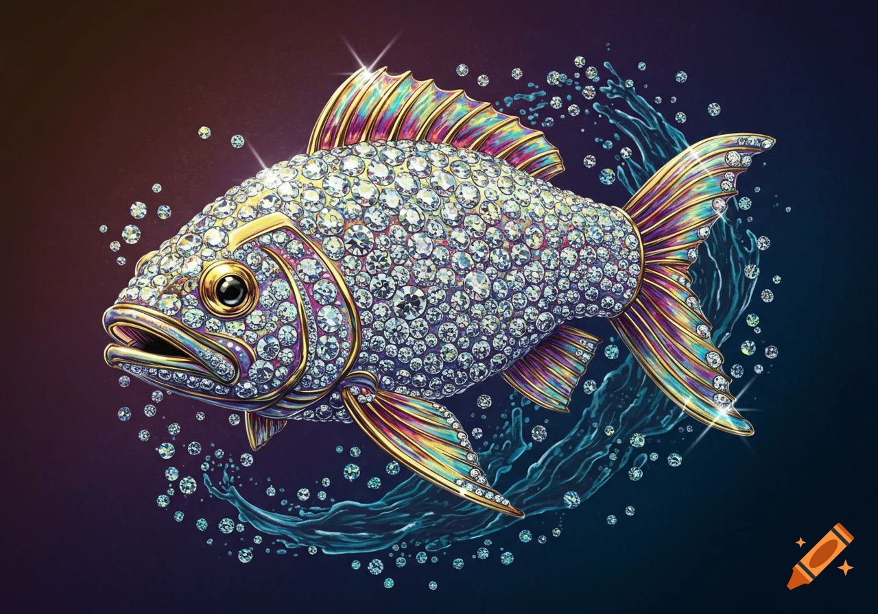 A stylized fish encrusted with sparkling diamonds and gold fins swims through dark water with diamond bubbles.